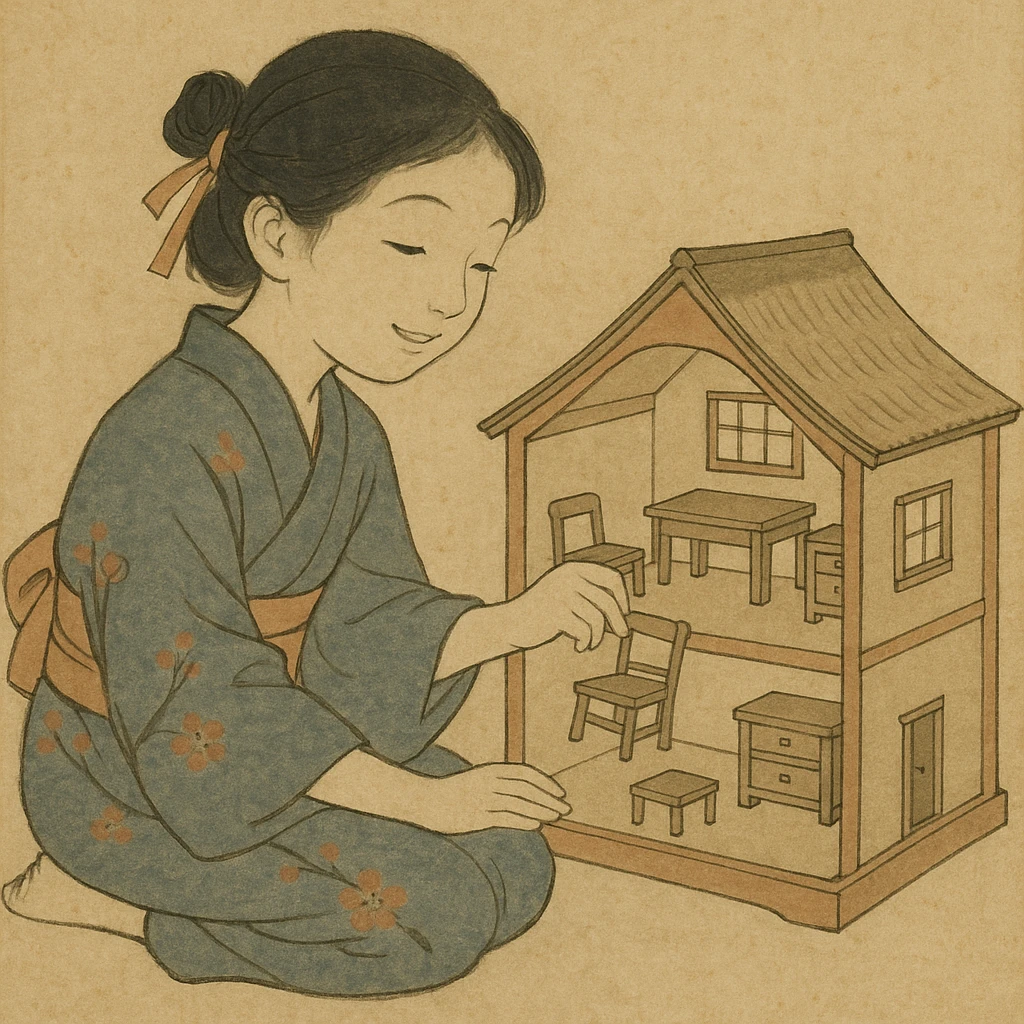smiling girl arranging furniture in doll house emoji