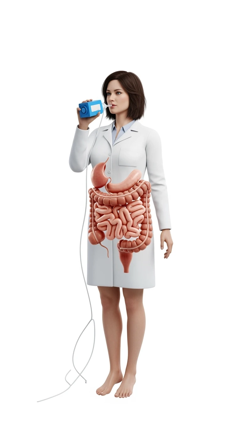 donna a figura intera con intestino anatomico realistico in evidenza che fa il "Breath test", iperrealistica 4k, sfondo bianco emoji