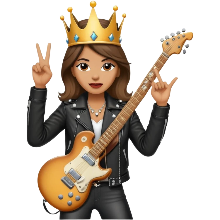 A rock and roll queen with a crown, electric guitar, and leather jacket making a rock gesture emoji
