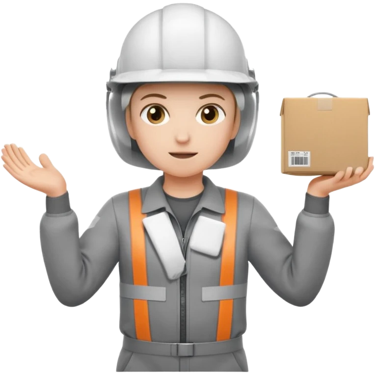 Tengo que dar una capacitacion de orgonomia, necesito un emoji de un operario con casco blanco y buzo gris de manga larga que levante una caja cerrada con las dos manos a la altura de los hombros y que tenga cara de esfuerzo fisico. Que no este saludando, las dos manos sosteniendo la caja emoji
