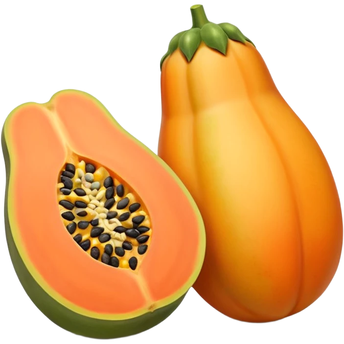 one whole papaya with smooth oval shape and green-yellow skin next to a halved papaya showing vibrant orange flesh and central cluster of small black seeds juicy glossy texture soft lighting subtle shadows emphasizing ripeness no leaf knife or extras transparent background emoji scale emoji