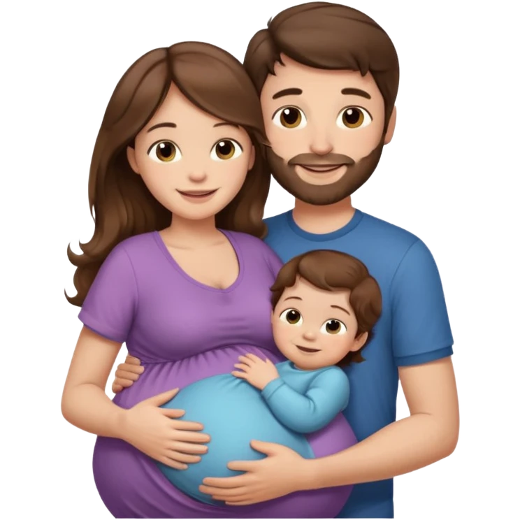"Pregnant woman with long brown hair and fair skin holding a baby, and man with short brown hair and fair skin (without a mustache) hugging the pregnant woman, both smiling."
 emoji
