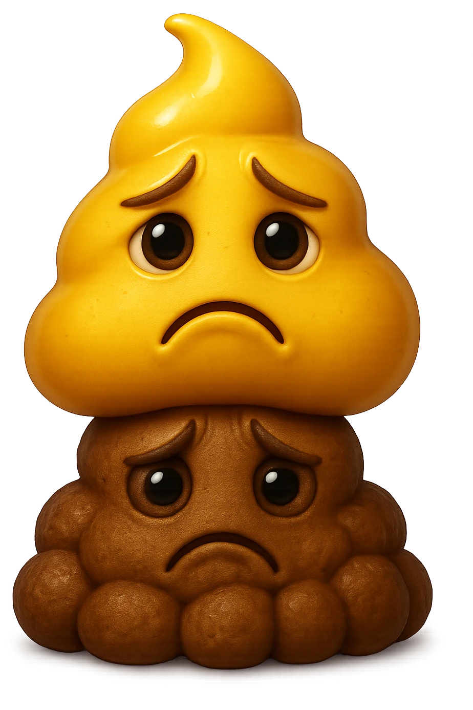 emoji stile iphone di una cacca giallina e liquida con espressione triste, sopra una montagnetta di feci a palline con espressione triste, iperrealistico 4k emoji