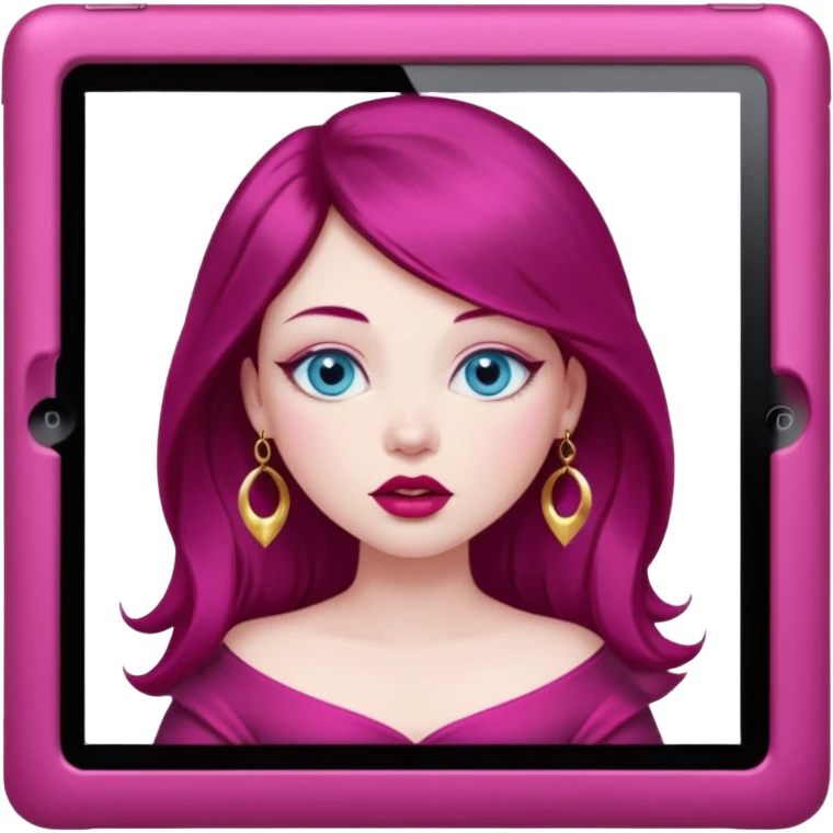 Realistic Beautiful pale skin baby blue sparkling eyes, plump red lips with gold lip ring, dark long burgundy hair, appears to be creating artwork on her fuchsia pink ipad emoji