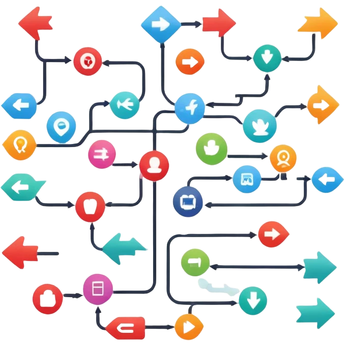 colorful flowchart diagram with many arrows connecting icons emoji