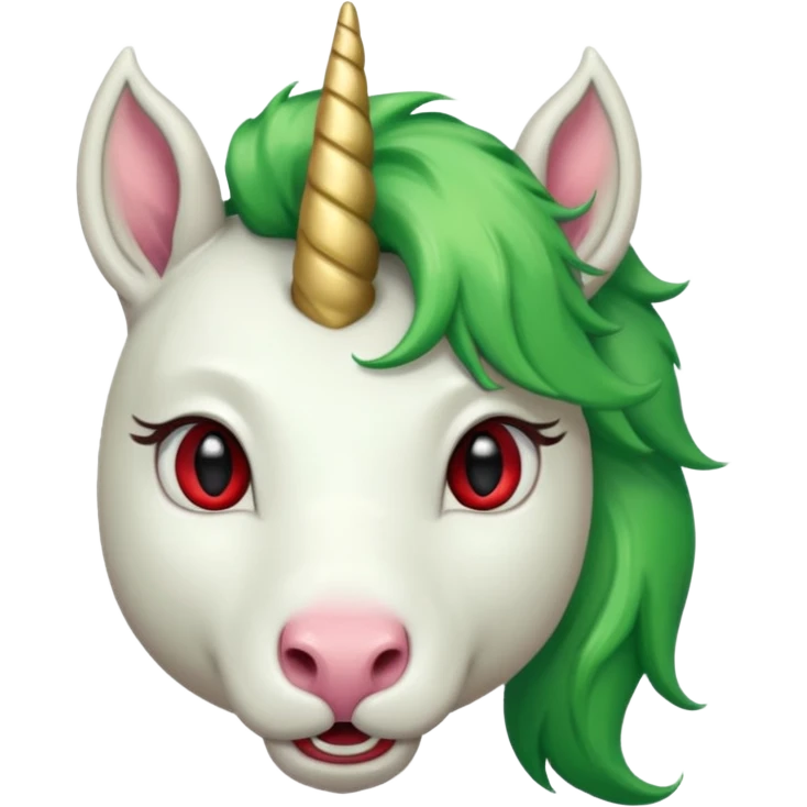 white furred unicorn with green hair and big red earrings looking into camera and big horn emoji