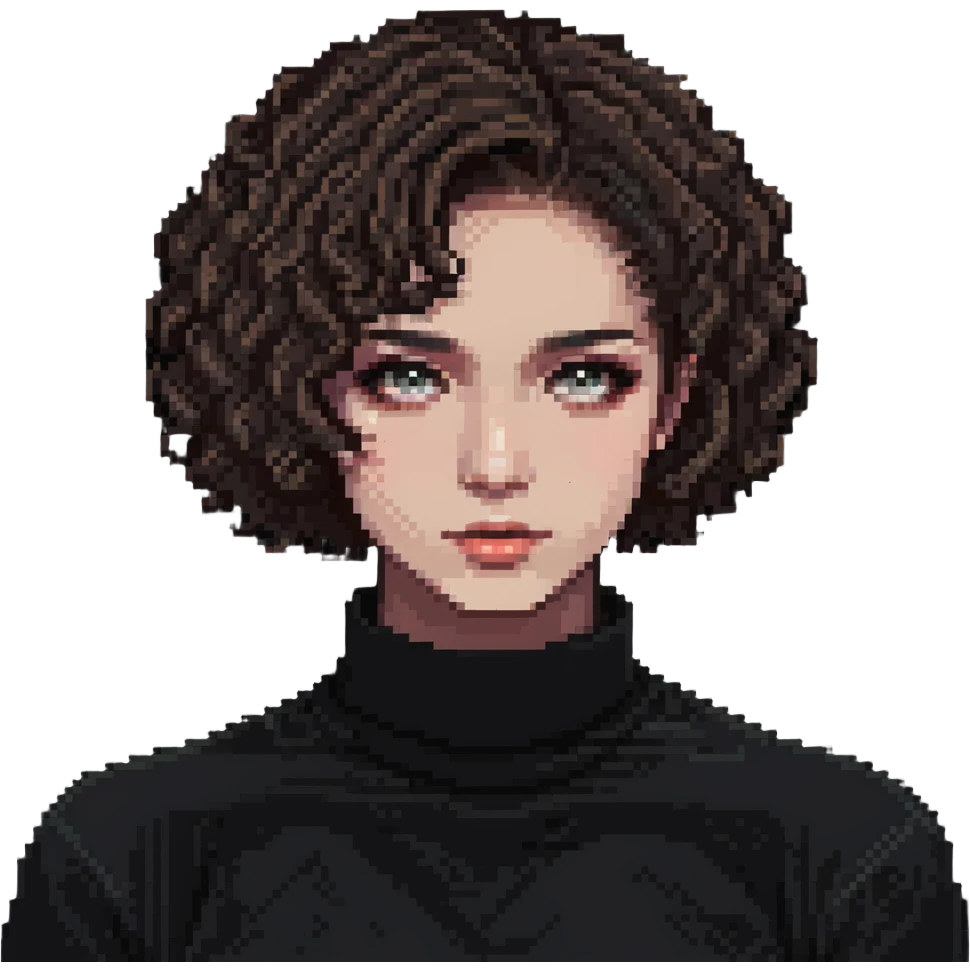 girl with short curly hair parted on the side, dark eyes and light makeup emoji