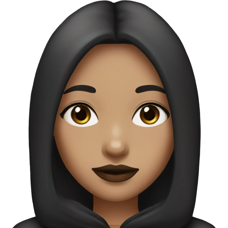 Girl with middle part really long straight dark brown hair, lashes,dark brown eyes, brown lipstick, wearing black hoodie emoji