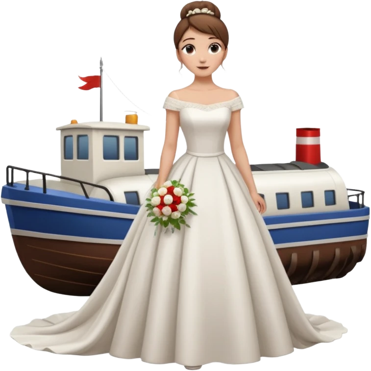 Chica blanca,cuerpo entero, vestido boda cuello barco y , pelo castaño,   1 ramo de flores , pelo recogido en moño alto con cola por la parte de atrás del vestido emoji