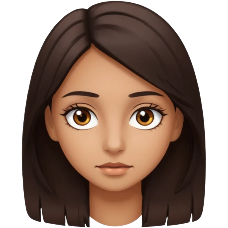 girl with brown eyes, long eyelashes, layerd mid length hair dark brown, tanned skin emoji