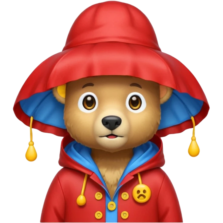 A bear in a red rain hat and a blue raincoat with yellow buttons down the middle emoji