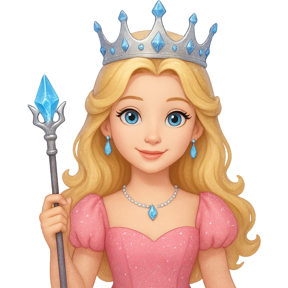 Change Glinda's dress to pink, keep her cheerful expression, blonde hair, sparkly crown, and wand. Remove the background. The style should resemble a cheerful fairy tale character with a magical and sparkly appearance. emoji