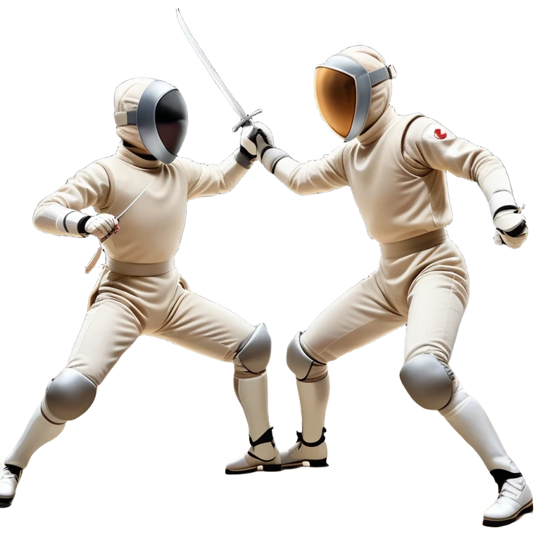 Two fencers in full protective gear and masks duel on a professional piste, swords clashing mid-air. Dynamic lunges and defensive stances highlight the intensity of the sport. The background features a stylized fencing arena with bright lights. Transparent background emoji