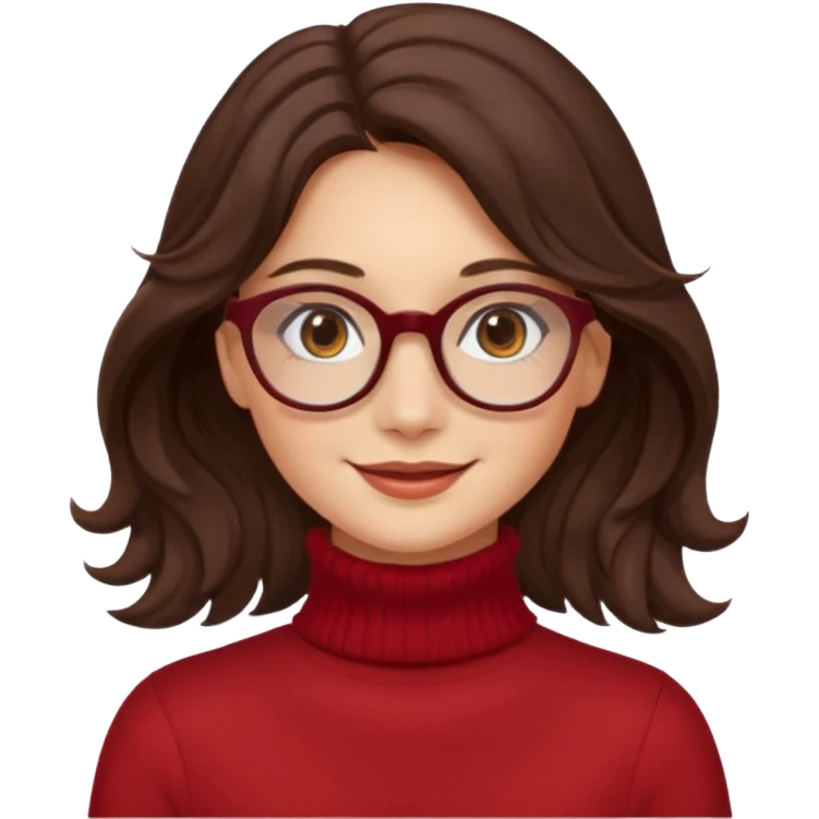 A girl has fair skin wavy dark brown hair, has glasses and almond brown eyes wears red turtle neck has long hair and so pretty emoji