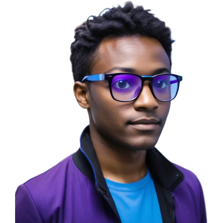 Développeur homme noir, dans un espace de coworking moderne, lumière néon bleue et violette, reflet sur son visage concentré, code affiché sur plusieurs écrans, légère profondeur de champ, ambiance professionnelle, style cinématique 4K, détails précis, peau naturelle, contraste fort. emoji