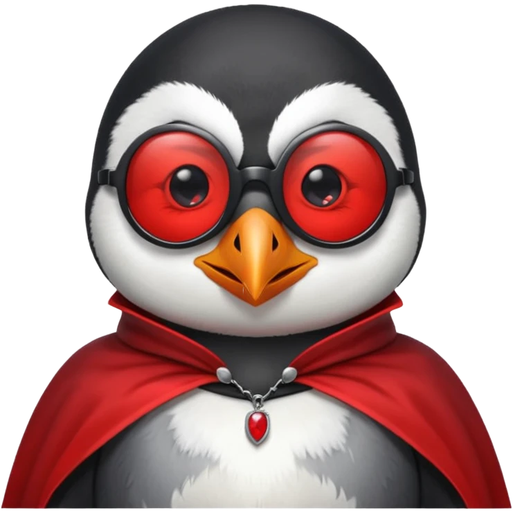 Vampire animal, penguin  in red collar cloak, red eye, fangs, sunglasses emoji