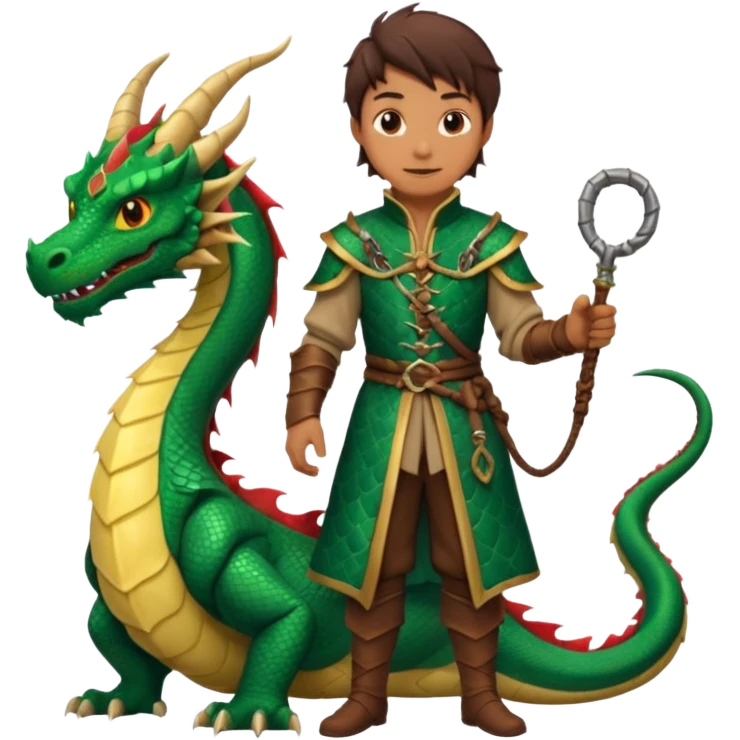 a dragon tamer with a whip in his hand in medieval time with a dragon next to him emoji