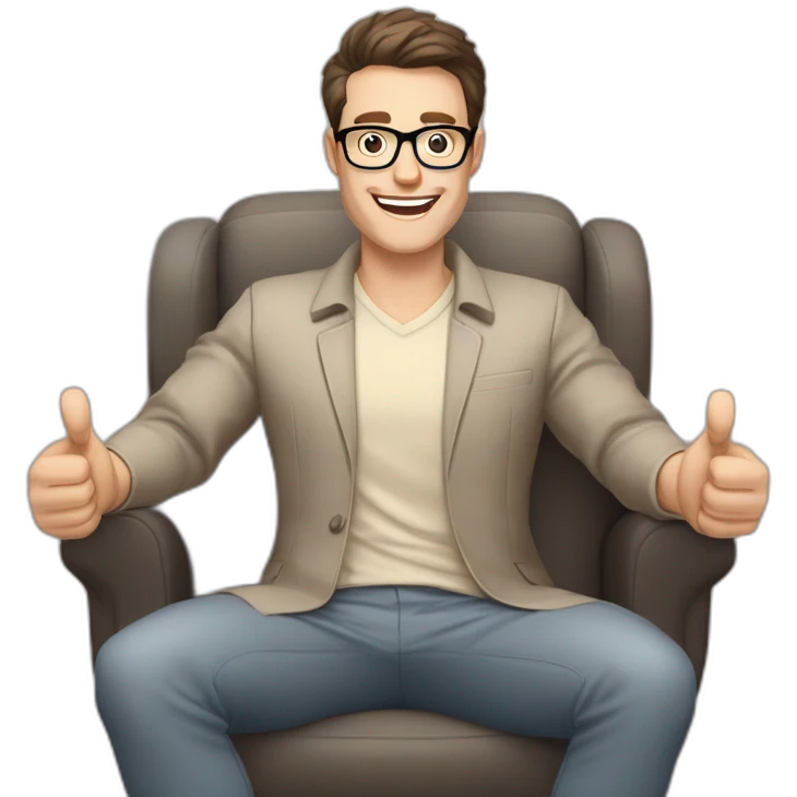 Joyful Celebrating victory Hands up Pale skinned Fit Man With dark brown hair in gray jacket, beige office shirt, Brown pants and vintage glasses sitting In a soft chair emoji