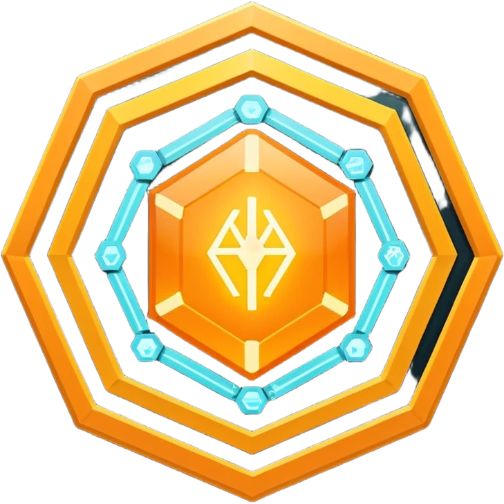 Futuristic reward points icon with PFD in the middle, diamond or hexagon shape, circuit board lines, Bloomberg terminal aesthetic, gold orange phosphor glow on dark background, minimalist geometric, no text, fintech style, clean edges, professional icon design emoji