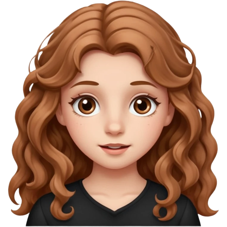 teenage girl with wavy long hazelnut hair, wearing blush and mascara, with a playful expression emoji