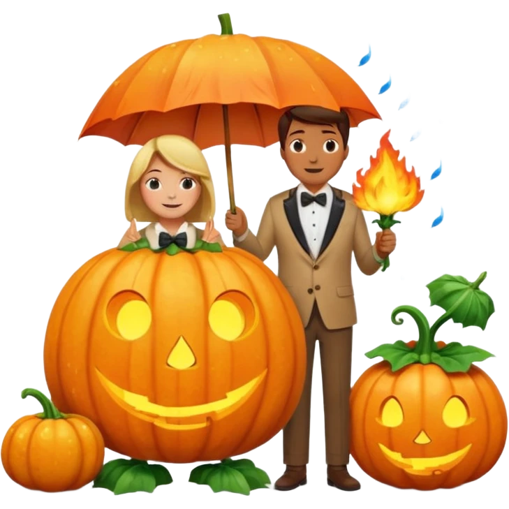 Make a guy hugging a giant pumpkin with a fork in his right hand while there's fire while there's a lady watching while it's raining while there's an umbrella on the ground that's alive and the sun has a bow tie on his neck emoji