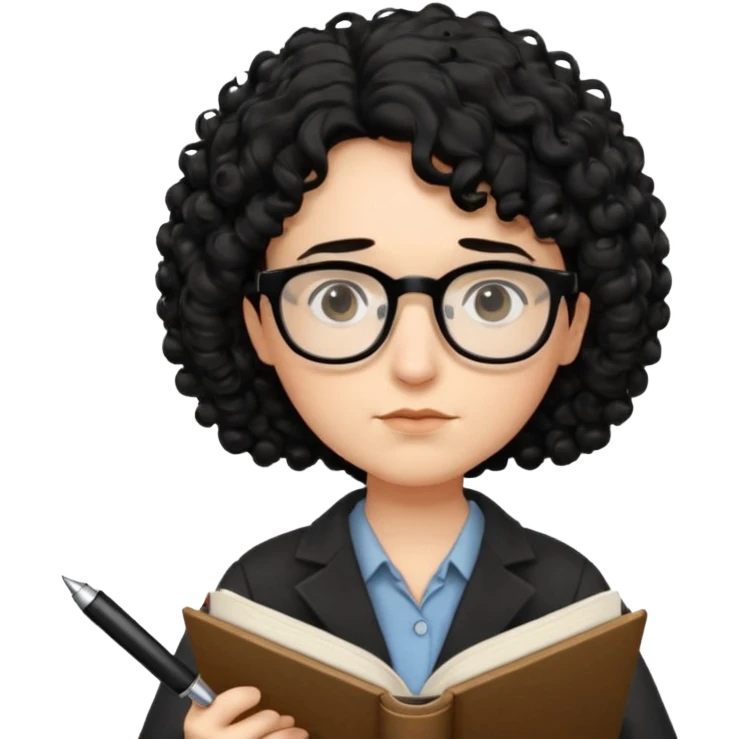 writer holding pen in hand and closed book in other hand, with black curly hair and wearing glasses emoji