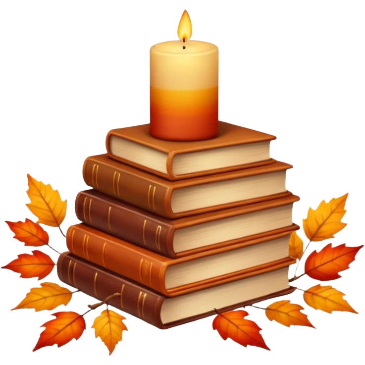Red-orange-yellow-brown-gradients autumn aesthetic, stack of books, candle, leaves emoji