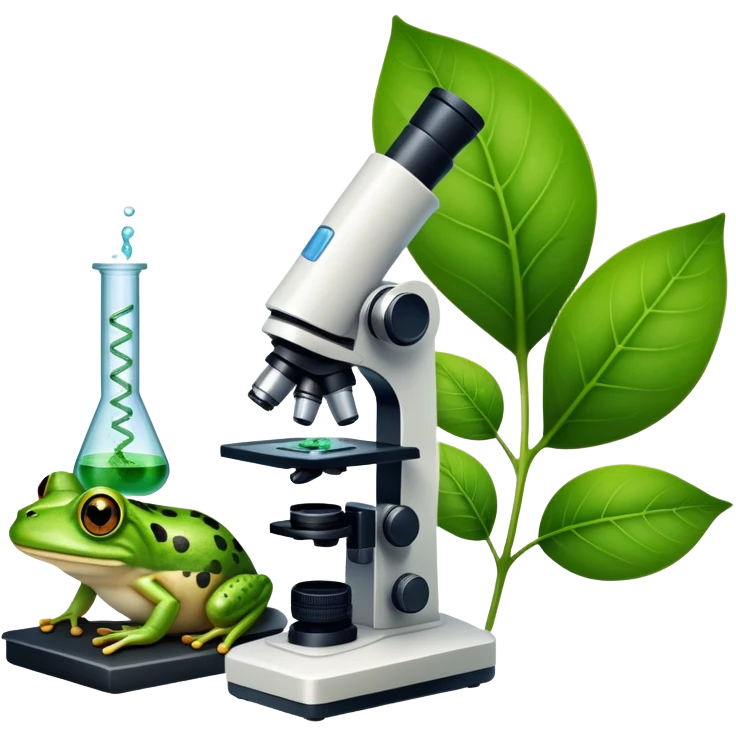 An icon featuring a DNA strand, a microscope, and a green leaf, symbolizing biology. The design includes animal cells, plant structures, and a frog, representing the study of living organisms and ecosystems. Transparent background highlights life sciences and biological research. emoji