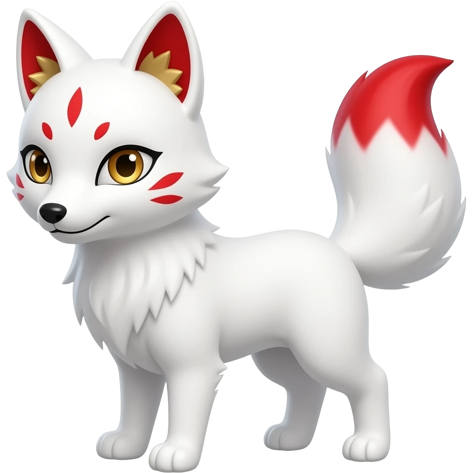 A pure white one-tailed kitsune (fox form,) with red accents, (one marking on each of its cheek, two markings each over its eyes and a single one on its forehead,) red on the insides of its ears, with gold markings inside of its ears,) and pale golden eyes. Pure white paws and a red tail tip. emoji