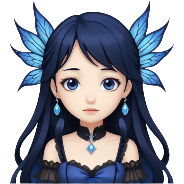 Gothic anime fairy with long beautiful black hair and dark blue dress, pastelcore, emoji