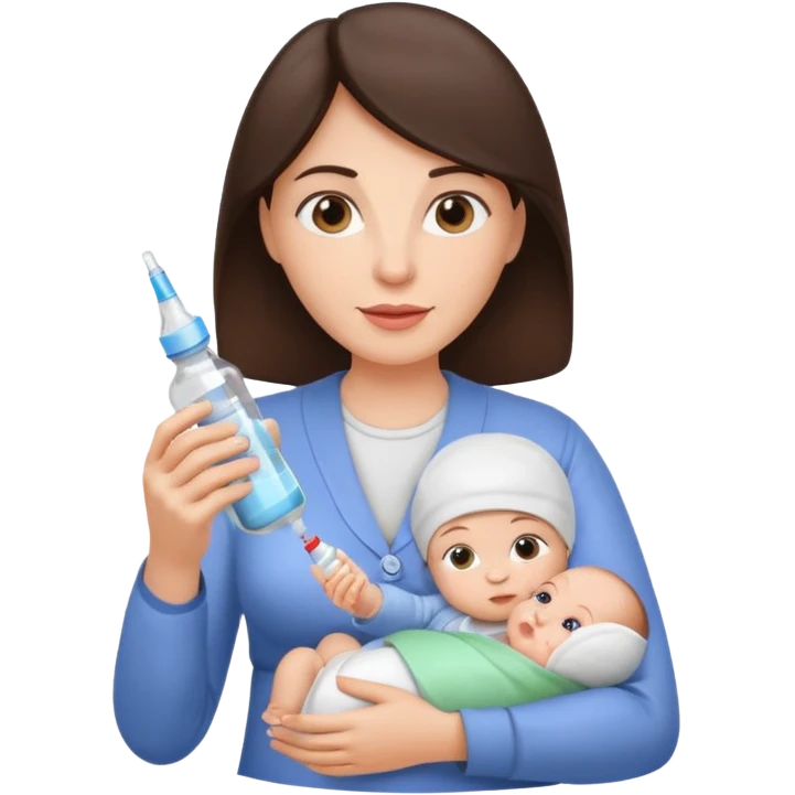 Brunette Mother holding a baby bottle with milk and a vaccine syringe emoji