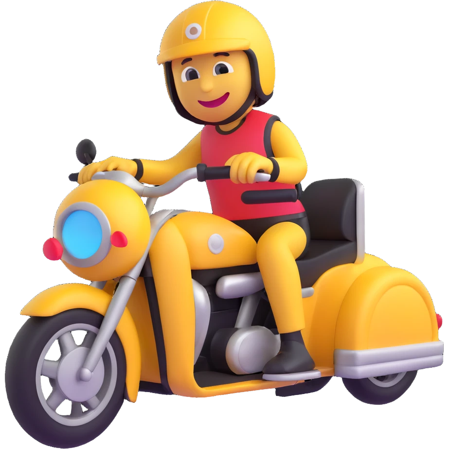 3D smiley emoji, round shape, motorcyclist with sidecar: sidecar, helmet, funny face emoji