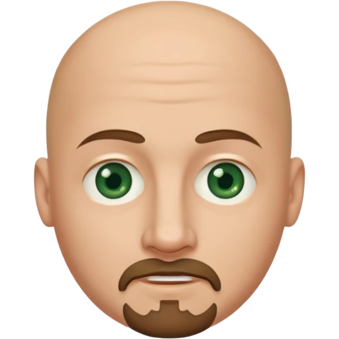 white caucasian bald man's face, with brown  round goatee and dark green eyes, oval face, rounded, big, little eyes a small smile,  emoji