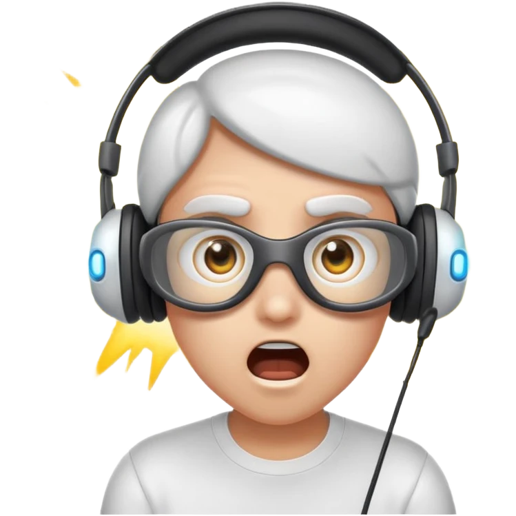 Cartoon character, surprised and blinded by flashbang, headset on, exaggerated eyes, bright white glowing effect, funny expression, Twitch emoji style, transparent background emoji