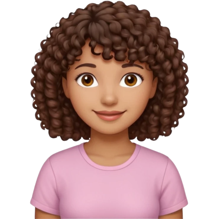 A Latina girl with brown eyes and short curly hair with curly bangs with a light pink shirt emoji