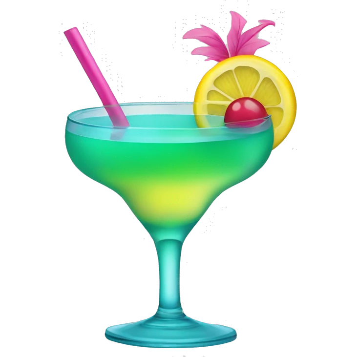 Bluish green cocktail with pink and yellow emoji