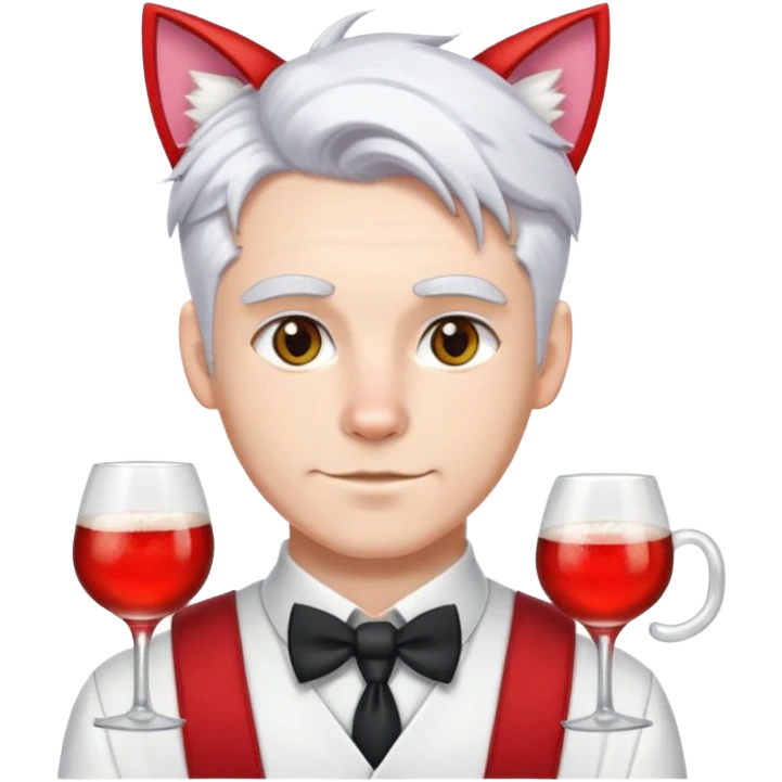 a white man in a bartender's uniform with white hair, the ends of his hair in red and white cat ears emoji