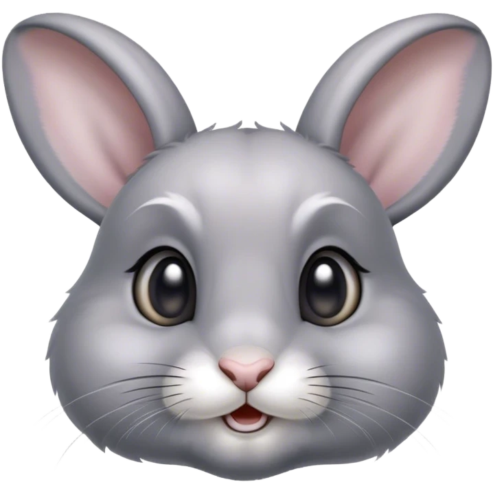 Cinematic Cute Grey Rabbit Portrait Emoji, Head tilted playfully and inquisitively, featuring a silky, smooth grey fur with soft, velvety textures, round, sparkling grey eyes filled with curiosity, Simplified yet irresistibly adorable features, highly detailed, glowing with a warm, friendly glow, high shine, affectionate and gentle, stylized with a touch of whimsy, bright and endearing, soft glowing outline, capturing the essence of a mischievous yet loving bunny, so playful it feels like it could hop out of the screen and into your arms! emoji