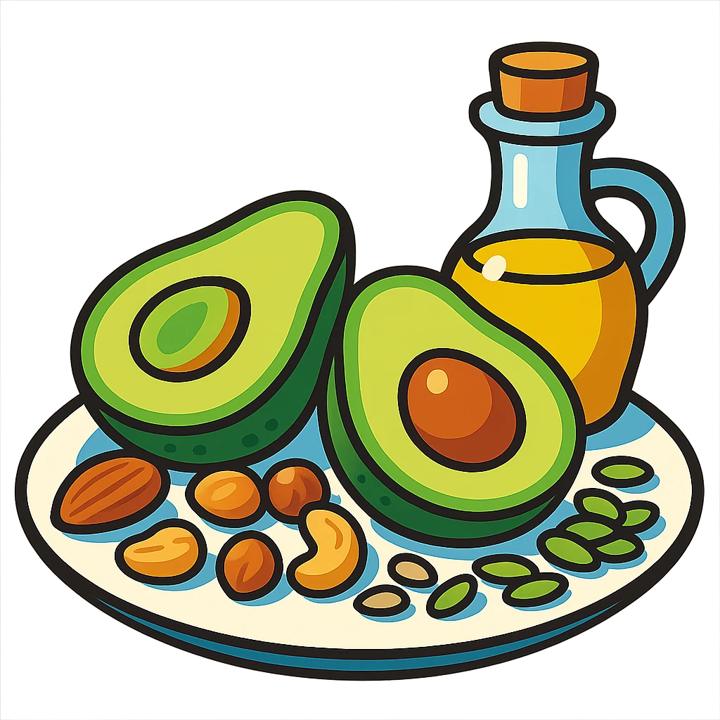 plate with avocado, nuts, olive oil, and seeds in vibrant toon style emoji