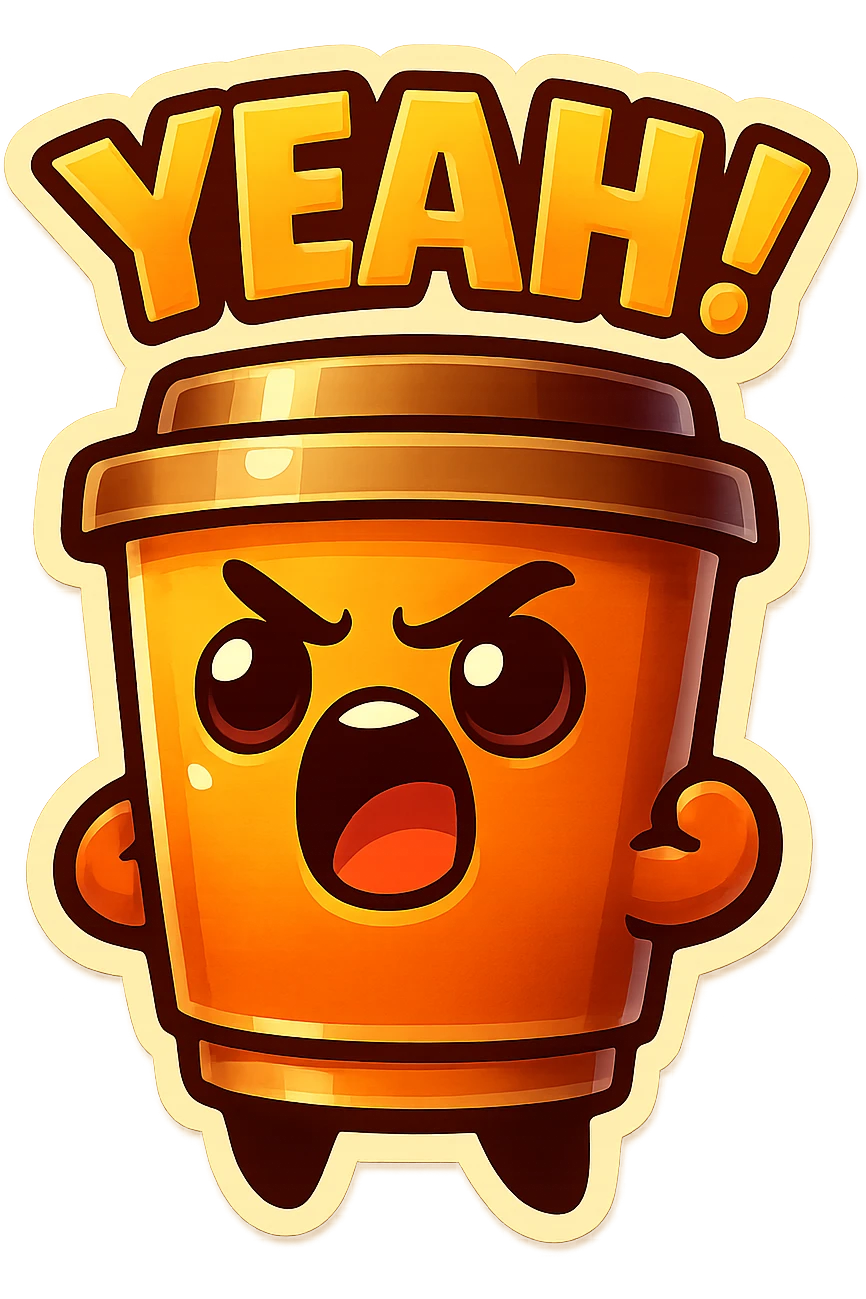 Tall coffee cup, eyebrow furrow, yelling "YEAH!" emoji
