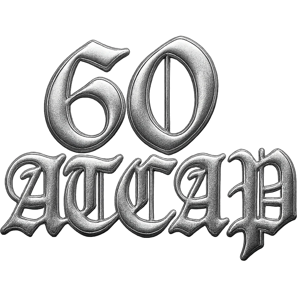 sticker with '60ATCAP' in Chrome Hearts style, heavy gothic script, metallic textures, luxury streetwear vibe emoji