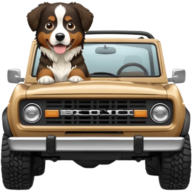 Sand colored ford bronco with no roof and Bernese mountain dog in the back emoji
