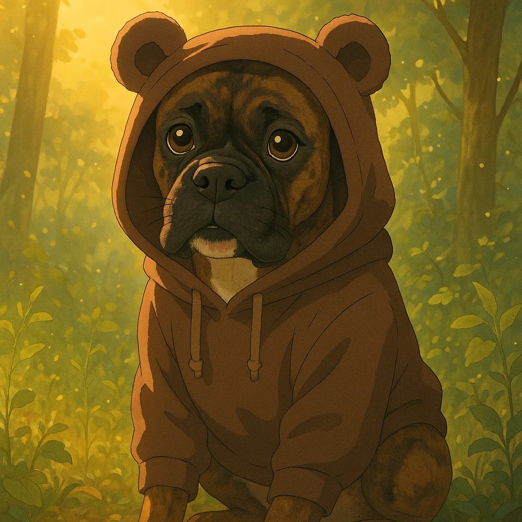 Convertir este bóxer atigrado en estilo Ghibli, sentado, mirada tierna, usando un buzo con capucha de orejas de osito color marrón chocolate, iluminación golden hour, entorno natural con follaje emoji