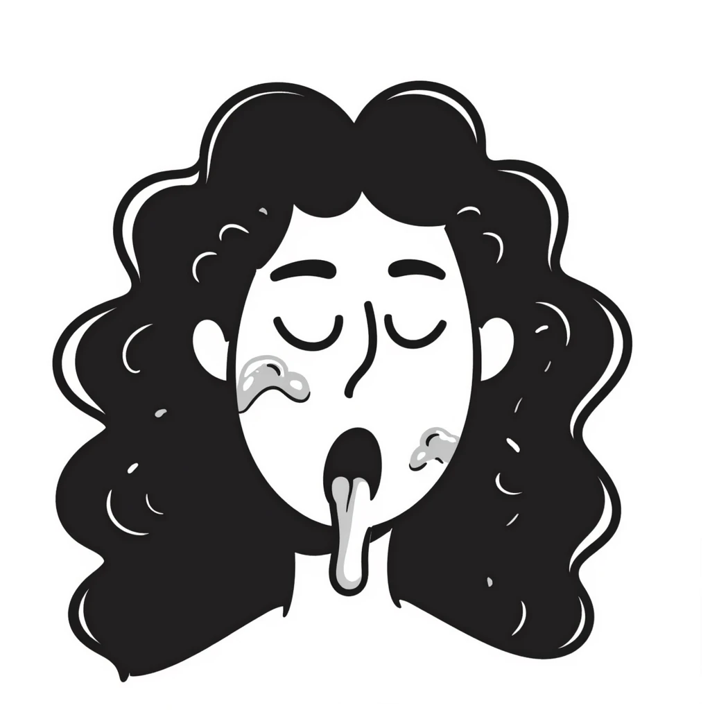 surprised disgusted woman with long messy curly black hair, thick goopy white liquid on cheeks, lips, tongue, tongue out, eyes shut, gunk dripping and matting hair emoji