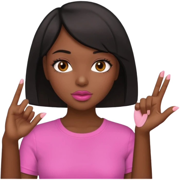 Dark skin girl asking for money with hand out make her more fabulous but still a clean look with a black bob and pink shirt  brown eye  with the kiss lips  emoji