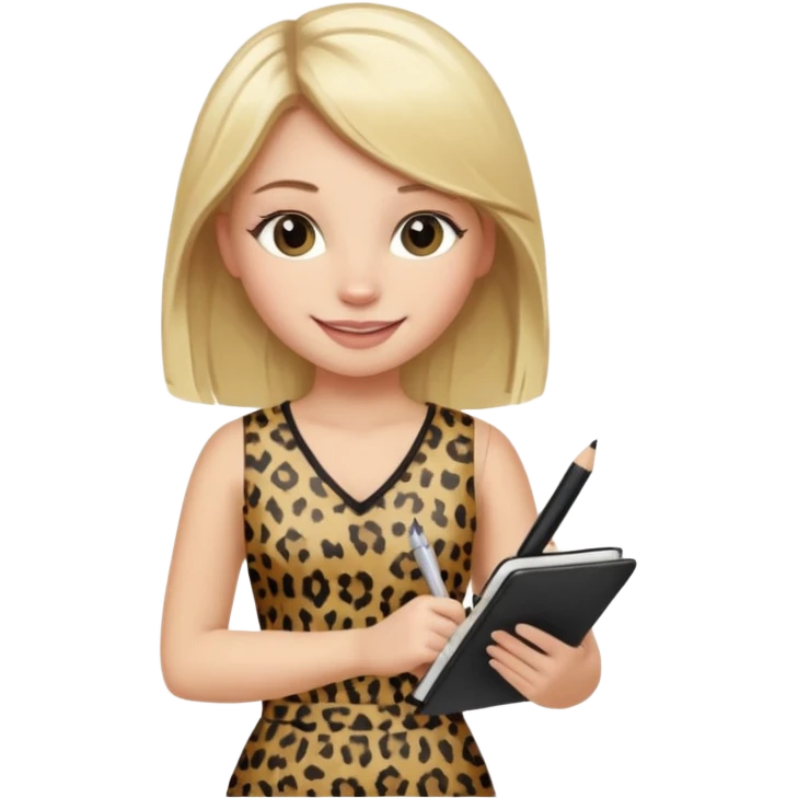 Blond hair girl with a leopard print dress and black leggings smiling holding a note book and a pen emoji