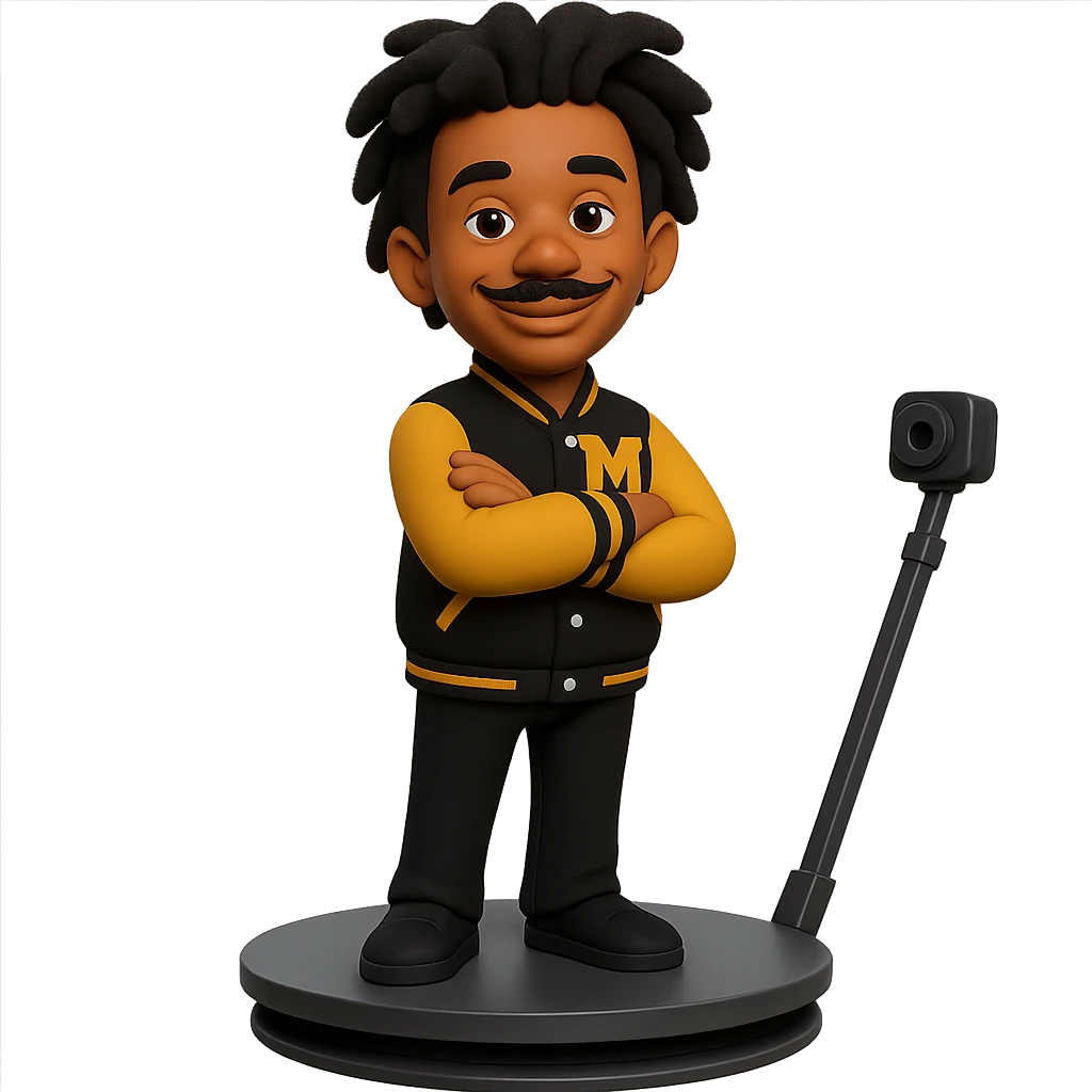 Add a thin pencil mustache to the person in the letterman jacket, arms crossed and smiling, standing on a 360 photobooth platform. The style is 3D cartoon style with a transparent background. Keep the original 3D cartoon look and maintain the transparent background. emoji
