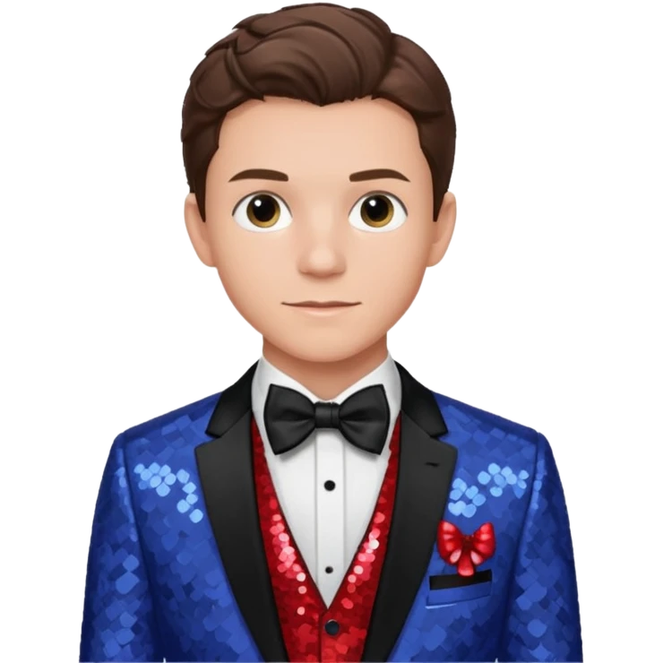 Tom Holland with brown hair, red shirt, periwinkle sequin suit jacket with bow tie emoji