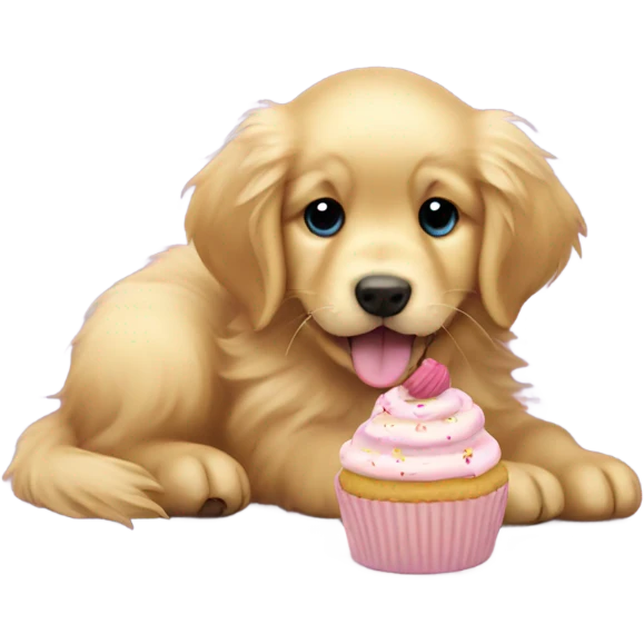 Fluffy golden retriever puppy eating a cupcake  emoji