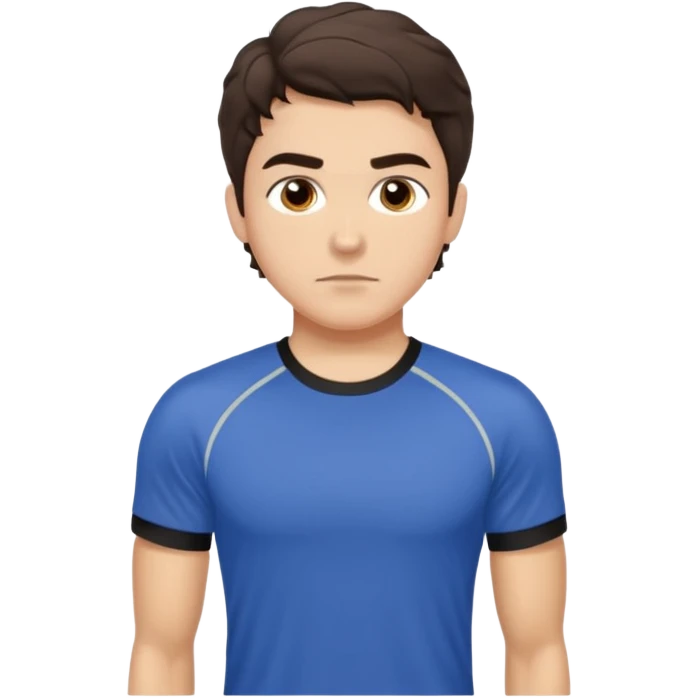 He’s a man with light to medium skin, a defined oval face, full brows, deep-set eyes, and wavy short dark brown tall hair styled with height, sides are trimmed. expression calm and focused relaxed gym training shirt. polished, articulate, and coach vibe. personal development emoji